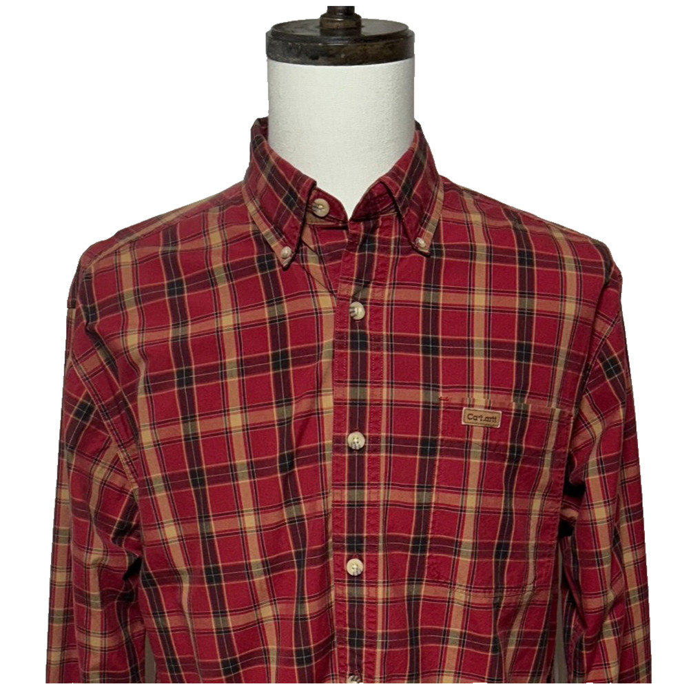 Carhartt Shirt Mens Medium Red Plaid‎ Button Down Long Sleeve Outdoor Work